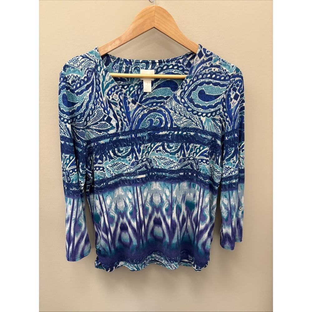Chicos womens 1 blouse paisley 3/4 sleeve Button Up flowy boho cottage romantic